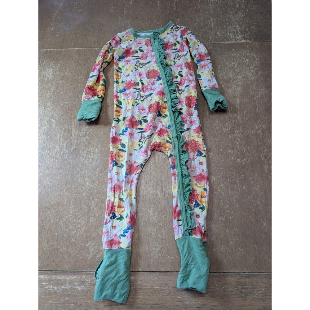 Laree + Co Floral Butterfly‎ Bamboo Viscose Ruffle Romper Sleeper 18-24M Green